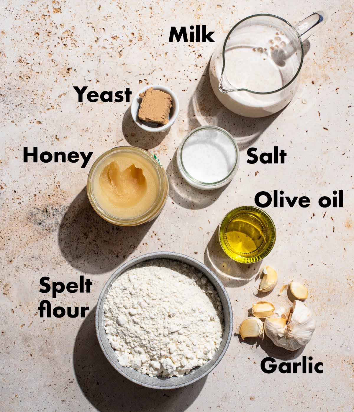 Garlic knots ingredients with labels.