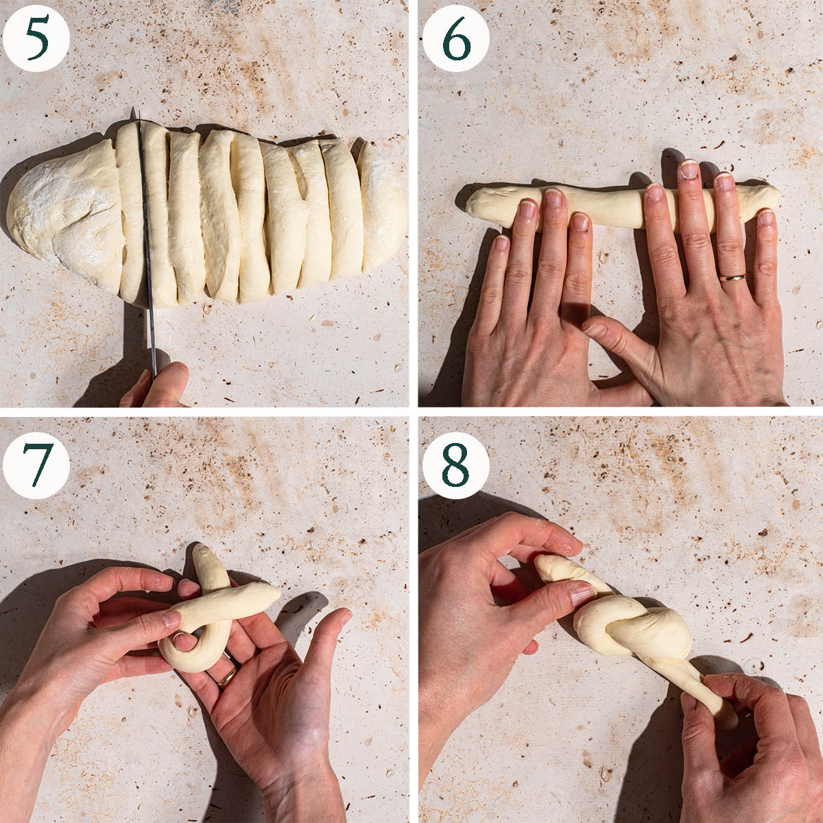 Bread steps 5 to 8, dividing dough, rolling into strands, and knotting.