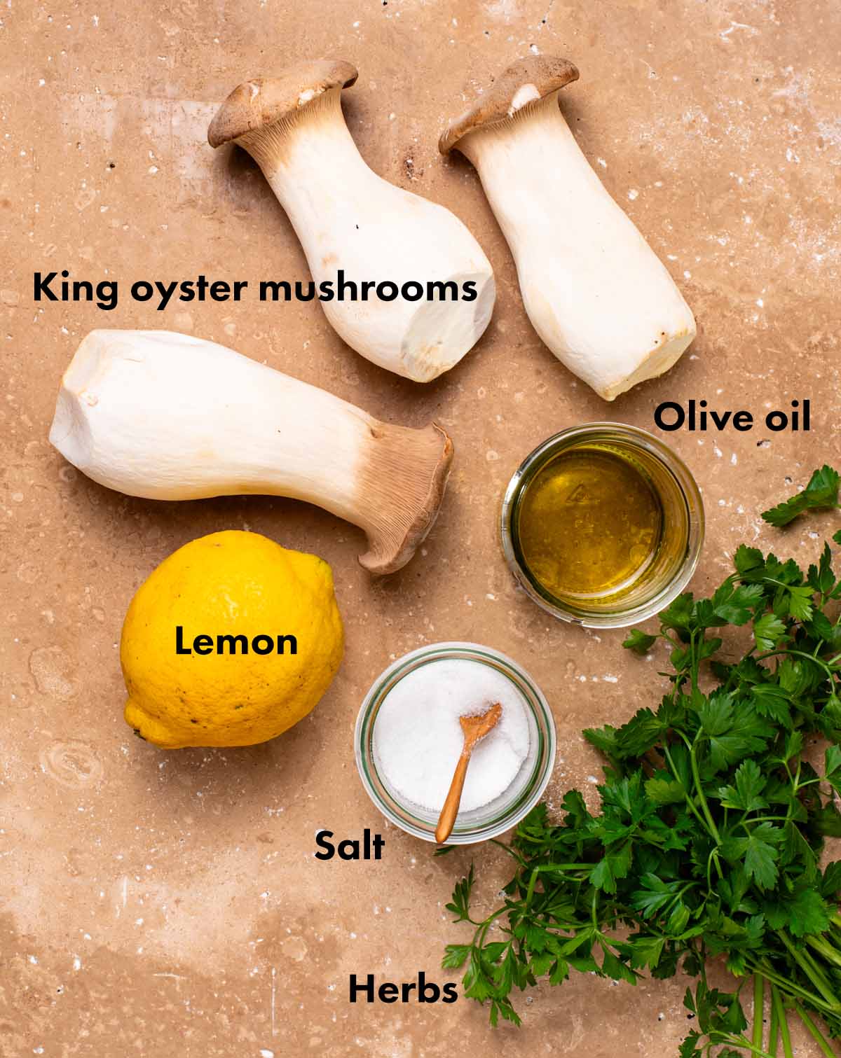 King oyster mushrooms recipe ingredients with labels.