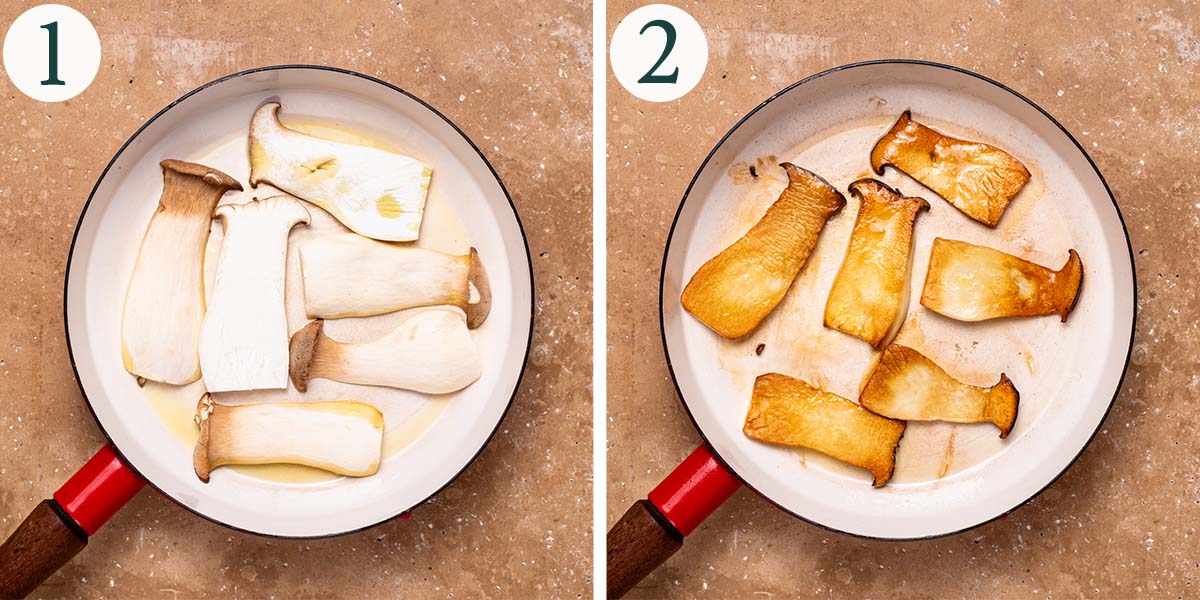 Mushrooms steps 1 and 2, before and after cooking in the pan.