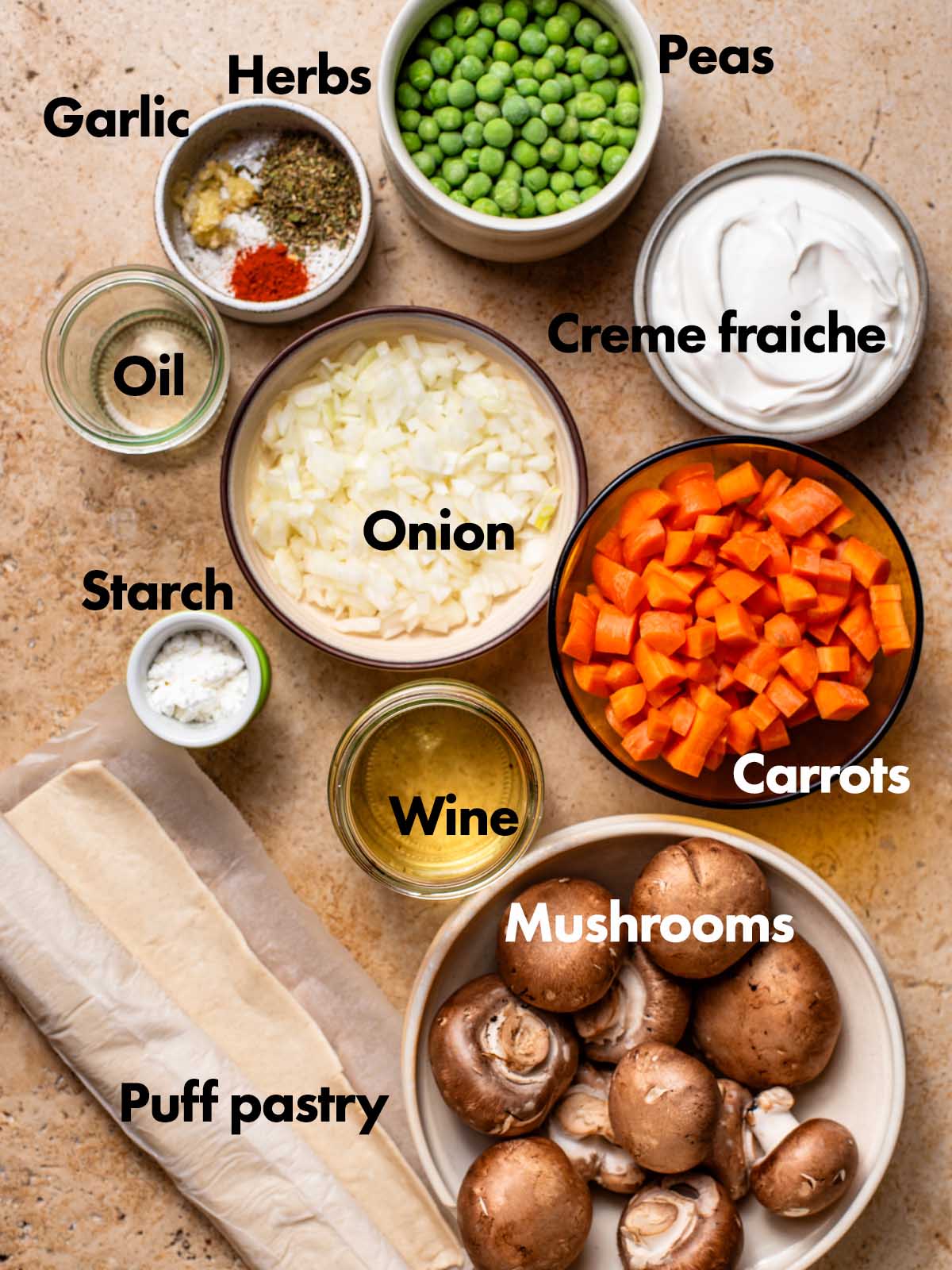Vegan pot pie ingredients with labels.