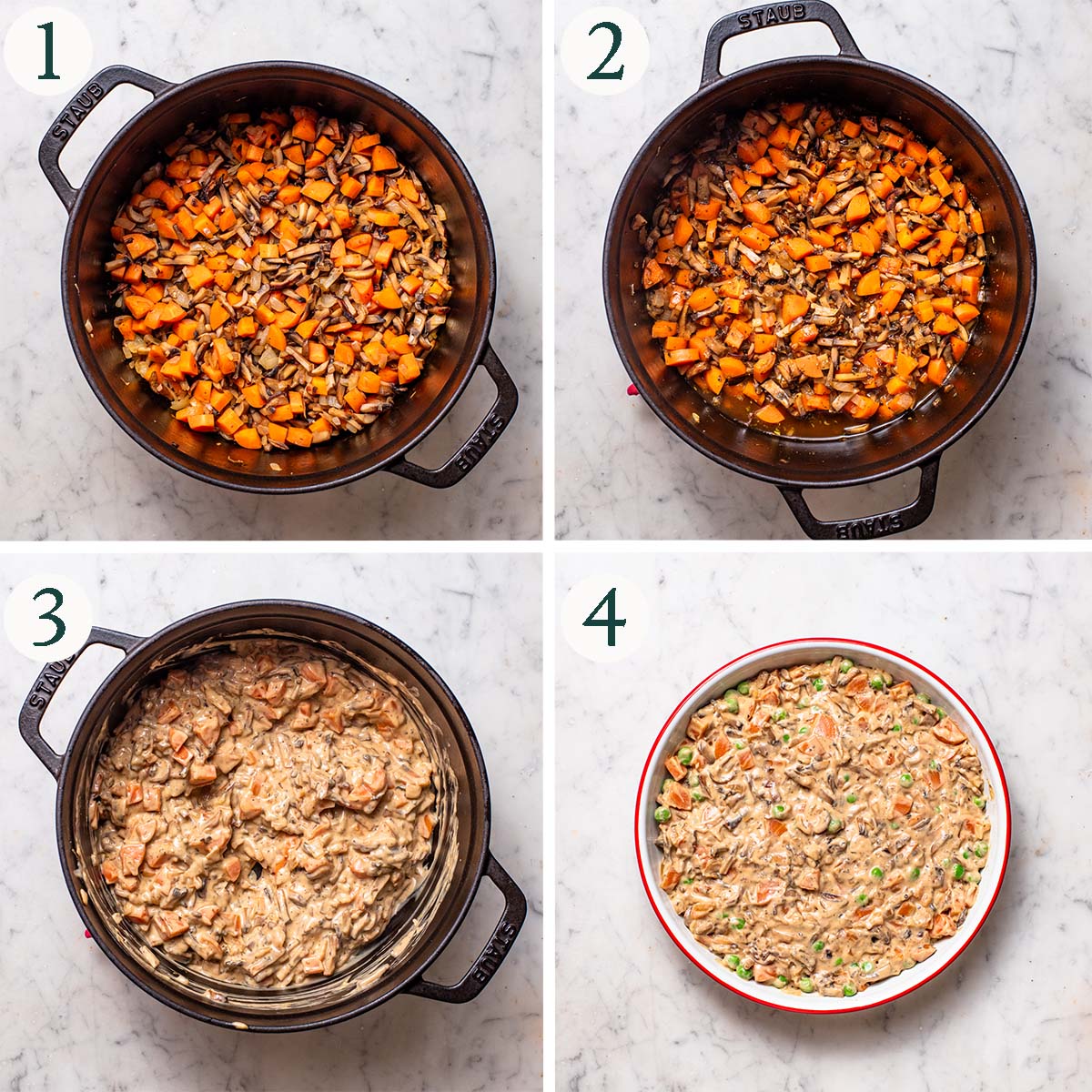Pot pie steps 1 to 4, cooking the carrots and mushrooms, after cooking, with the cream added, and in the baking dish.