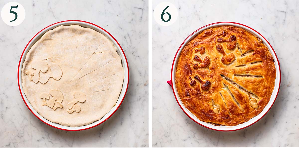 Pot pie steps 5 and 6, with the puff pastry topping before and after baking.