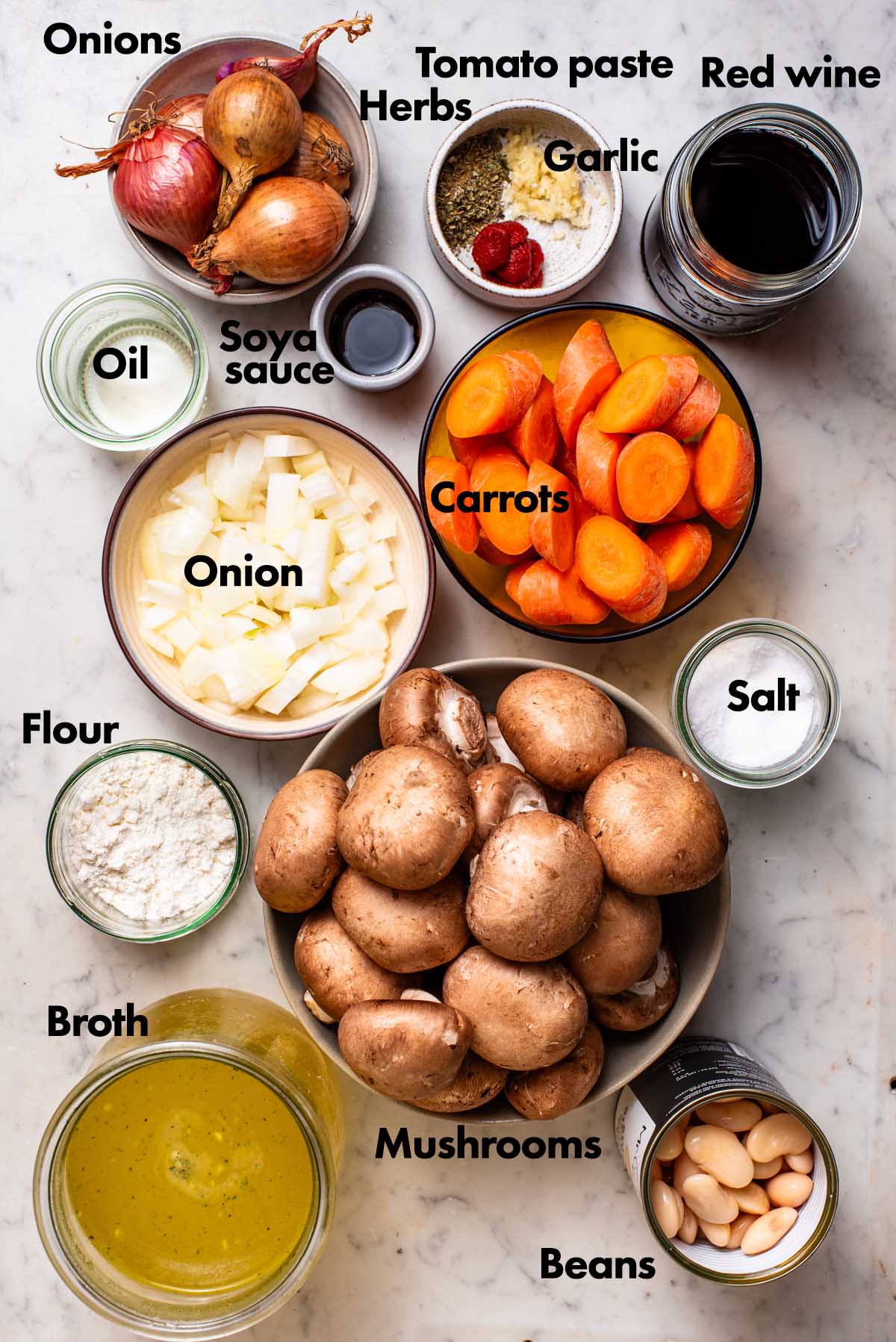 Mushroom bourguignon ingredients with labels.