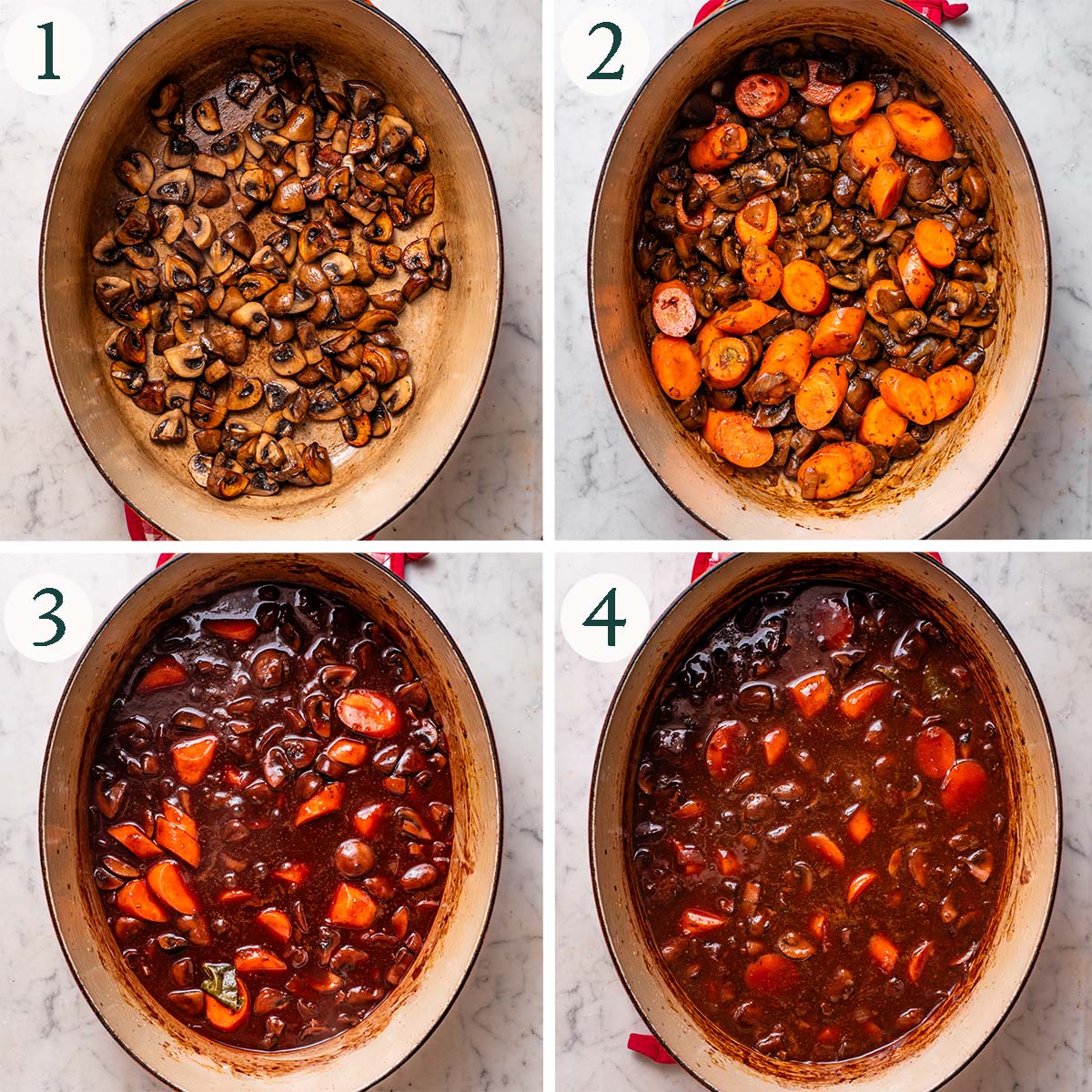 Mushroom stew steps 1 to 4, cooked mushrooms in a large pot, with carrots, liquid added, and after cooking.